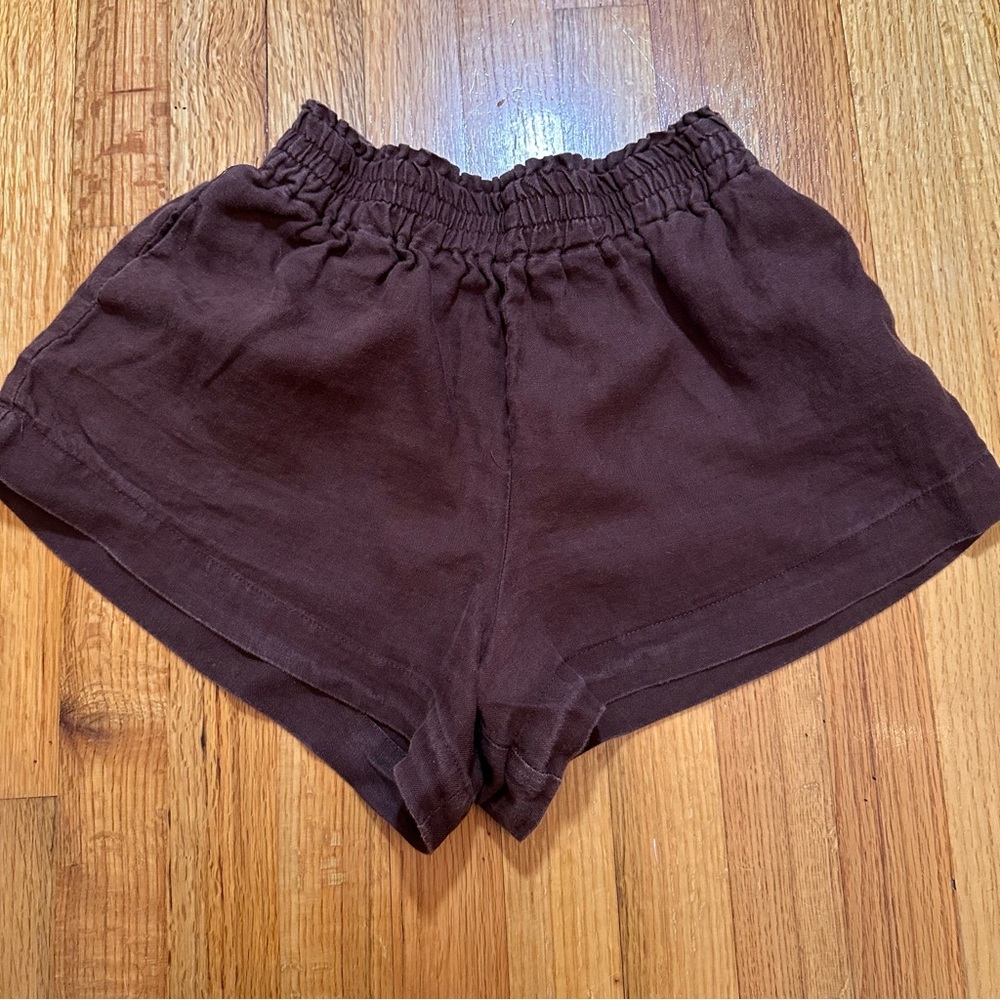 Reformation Brown Elastic-Waist Linen Shorts
